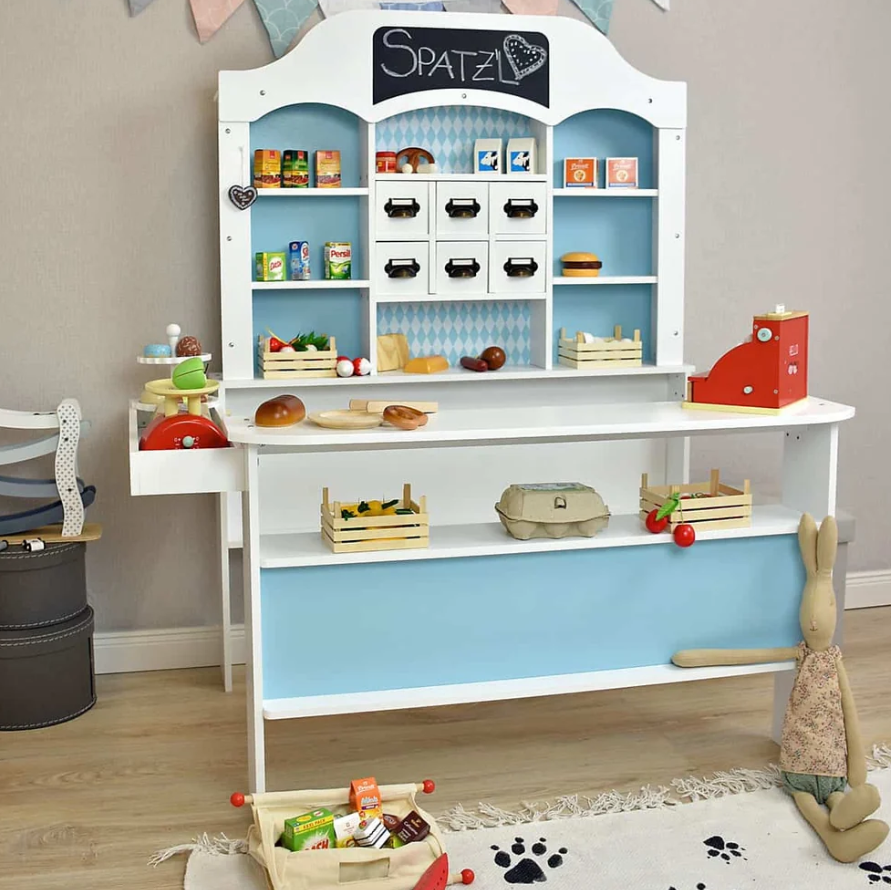 Kinder Kaufladen aus Holz mit Kreidetafel, Kasse und Waage